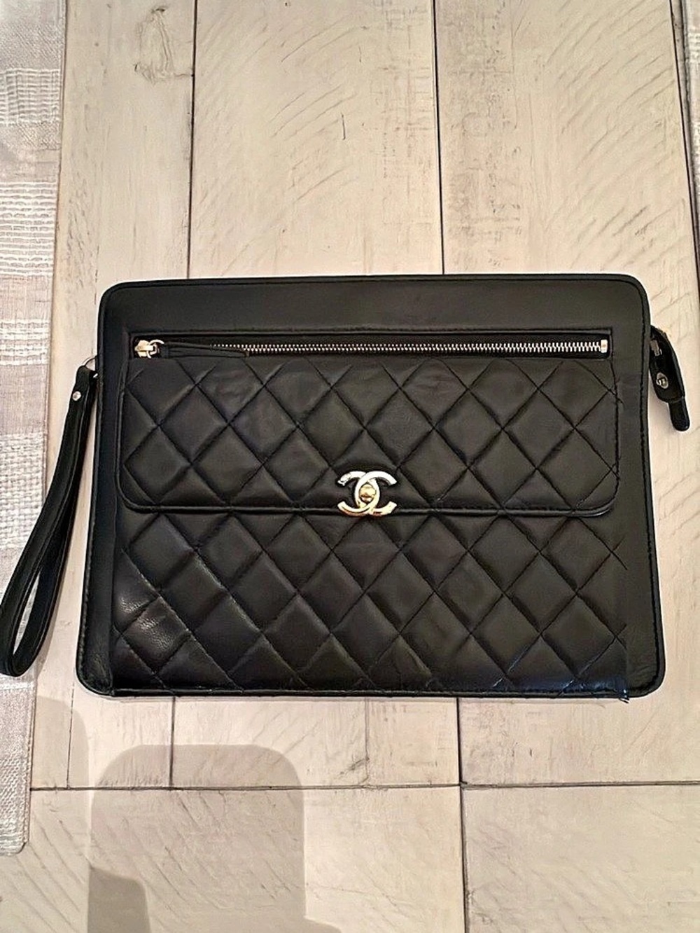 Chanel Quilted Black Vintage Leather Wristlet Clutch